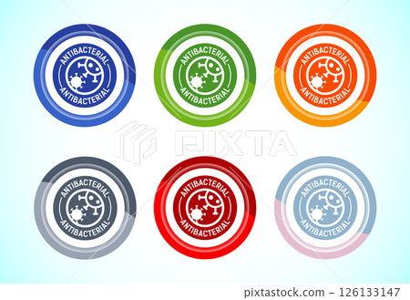 Antibacterial icon design illustration, Hygiene label symbol for product packaging, 6 color button design set 126133147