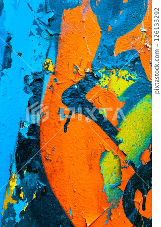 Vibrant Textured Street Art with Peeling Paint in Orange, Blue, Yellow for Urban 80s Style Vibrant Textured Street Art with Peeling Paint in Orange, Blue, Yellow for Urban 80s Style 126133292