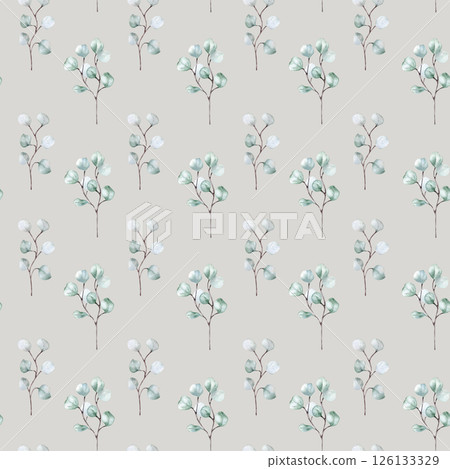 Eucalyptus twigs in vertical seamless repeat hand drawn isolated. Light botanical watercolor pattern with a Scandinavian style. Botany print for textiles, eco packaging, wallpaper, minimalist designs. 126133329