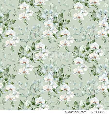 Gentle floral watercolor seamless pattern in pastel colors isolated. White flowers orchids and soft green eucalyptus leaves hand painted. Greenery branches on organic repeated background for design. Gentle floral watercolor seamless pattern in pastel colors isolated. White flowers orchids and soft green eucalyptus leaves hand painted. Greenery branches on organic repeated background for design. 126133330