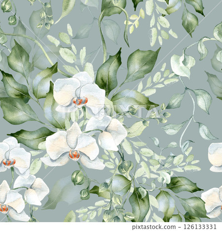 White orchids, eucalyptus leaves, and holly watercolor seamless pattern isolated. Soft floral elements and wavy branches on delicate botanical background for fabric, wedding stationery, and wrapping. 126133331