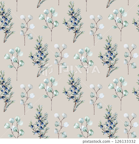 Watercolor juniper twigs and eucalyptus leaves in seamless botanical pattern isolated. Coniferous greenery in a minimalist Nordic style hand drawn, design for fabrics, gift wrap, foliated texture. 126133332