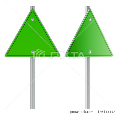 Blank green triangular traffic sign with front and side views, 3D illustration 126133352