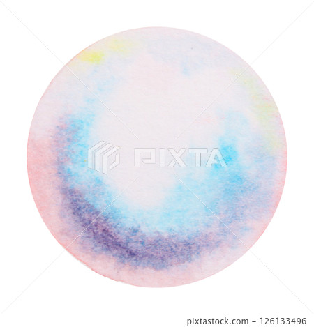 Watercolor circle resembling a soap bubble, air bubble or a pearl, with pearlescent and multicolored texture in soft blue, violet and pink hues. Hand painted abstract element for design projects. Watercolor circle resembling a soap bubble, air bubble or a pearl, with pearlescent and multicolored texture in soft blue, violet and pink hues. Hand painted abstract element for design projects. 126133496