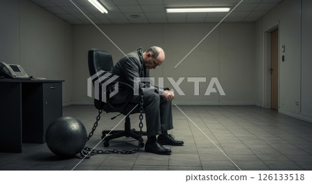 Businessman chained to desk chair in dimly lit office symbolizing corporate restriction 126133518