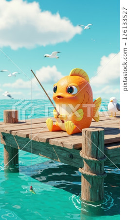 Cute cartoon fish relaxing on pier while fishing in sunny seaside setting with seagulls Cute cartoon fish relaxing on pier while fishing in sunny seaside setting with seagulls 126133527