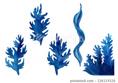 Set of blue seaweed silhouettes in different shades and shapes. Watercolor hand-drawn template for nautical design, decor, patterns for fabrics, wrapping paper, nautical stationery. 126133528
