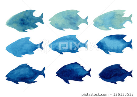 Set of nine blue fish silhouettes in different shades and shapes. Watercolor hand-drawn template for marine designs, children, educational material, decor, fabric patterns, wrapping paper, stationery. Set of nine blue fish silhouettes in different shades and shapes. Watercolor hand-drawn template for marine designs, children, educational material, decor, fabric patterns, wrapping paper, stationery. 126133532