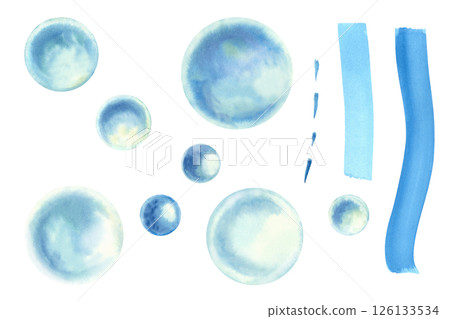 Set of air bubbles, blue spots of different shades of round shapes. Watercolor hand-drawn templates for marine design, children's books, educational materials, decor, wrapping paper, 126133534