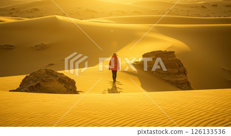 Adventurous explorer walking through scenic golden desert dunes at sunset 126133536