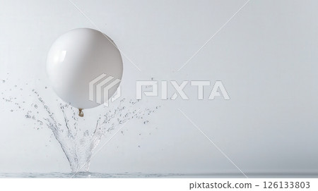 water balloon bursts, creating sharp droplets and splashes against light background, capturing moment of excitement 126133803