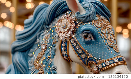 Close-up of a vibrantly colored carousel horse adorned with ornate golden decorations and pastel flowers, evoking nostalgia and elegance 126134150