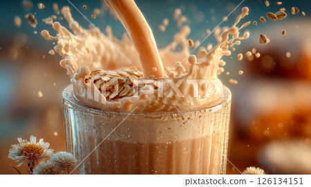 A dramatic splash of creamy oat milk pouring into a glass filled with oats, captured in mid-motion with droplets suspended in the air 126134151