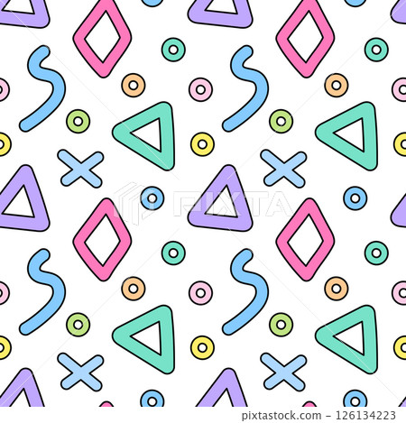 Colorful seamless pattern with triangles, circles, and rhombus shapes 126134223