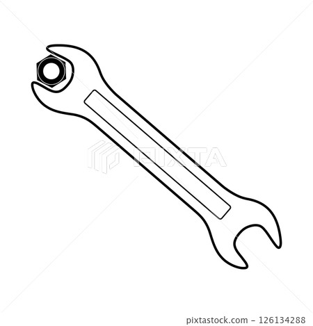 Wrench with Hex Nut Outline Vector Illustration. This black and white vector illustration features a line drawing of a classic wrench holding a hexagonal nut. 126134288