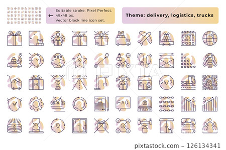 Delivery and cargo, vector black line icon set with gradient spots, 50 signs - 48x48 px (editable stroke, pixel perfect) and 300x300 px (not editable stroke). Pictogram layers have titles 126134341