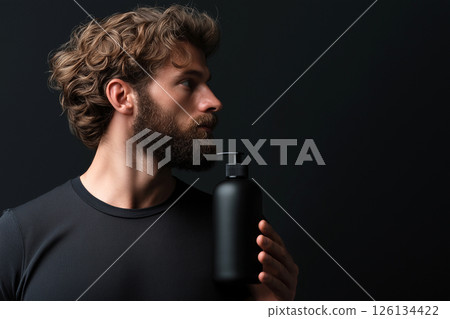 Man with curly hair holding a shampoo bottle against a dark background. Curly haired man with beard with a shampoo bottle standing on his shoulder, highlighting hair care concepts. 126134422