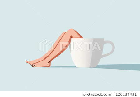 Minimalistic artwork depicting a relaxed individual lying inside a large teacup. The scene symbolizes tranquility, comfort, and the joy of simple moments, imaginative and symbolic art style. 126134431