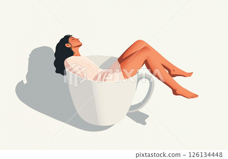 Minimalistic artwork depicting a relaxed individual lying inside a large teacup. The scene symbolizes tranquility, comfort, and the joy of simple moments, imaginative and symbolic art style. 126134448