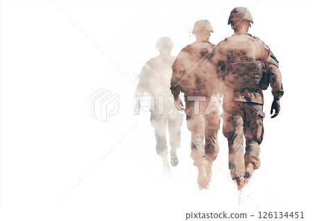 A creative military-themed artwork depicting a uniformed soldier in motion, using dynamic double-exposure techniques, symbolizing dedication, resilience, and vigilance in strikingly abstract tones. 126134451