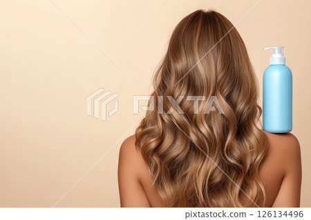 A woman displaying her long, wavy, blonde hair with a focus on a blue shampoo bottle, illustrating clean and healthy hair care enhancing beauty. 126134496