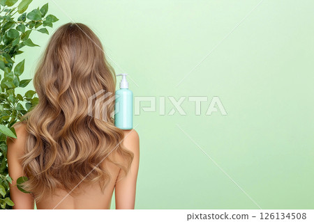 A woman displaying her long, wavy, blonde hair with a focus on a blue shampoo bottle, illustrating clean and healthy hair care enhancing beauty. 126134508
