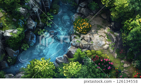Top-down fantasy game scene, overgrown garden with flowers, trees, rocky stream with blue water. Top-down fantasy game scene, overgrown garden with flowers, trees, rocky stream with blue water. 126134558