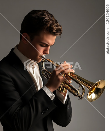 Professional Trumpet Player in a Sharp Suit Performing Music 126134606