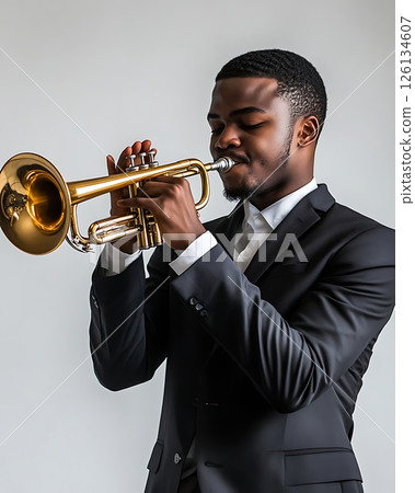 Skilled Performer Playing a Trumpet in Formal Black Suit Skilled Performer Playing a Trumpet in Formal Black Suit 126134607