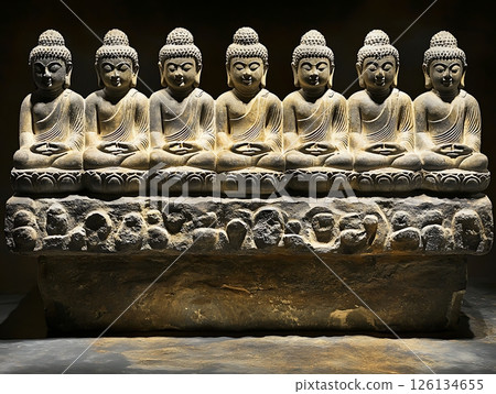 Row of Buddha Sculptures Representing Meditation and Spiritual Enlightenment 126134655