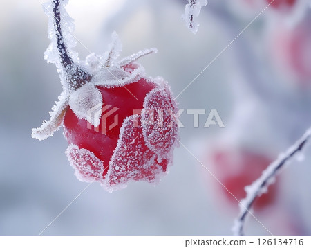 Frozen Beauty: Close-Up of Frost-Covered Red Berry Frozen Beauty: Close-Up of Frost-Covered Red Berry 126134716
