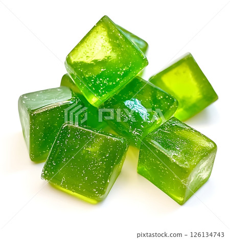 Glowing green candy cubes with sparkling translucent texture Glowing green candy cubes with sparkling translucent texture 126134743