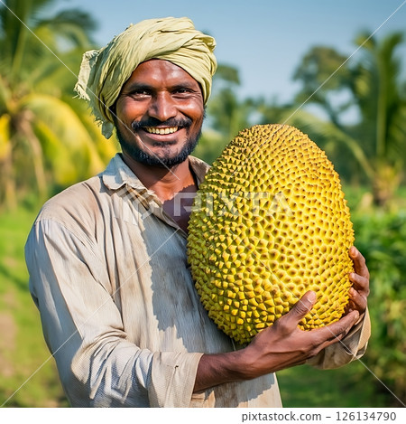 Happy Farmer Showcasing a Giant Yellow Jackfruit Happy Farmer Showcasing a Giant Yellow Jackfruit 126134790