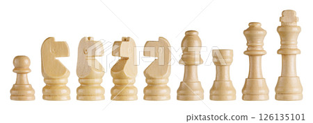 white wooden chess set including king, queen, bishop, knight, rook, and pawn on white backdrop. Perfect for strategy games, education, and intellectual design. white wooden chess set including king, queen, bishop, knight, rook, and pawn on white backdrop. Perfect for strategy games, education, and intellectual design. 126135101