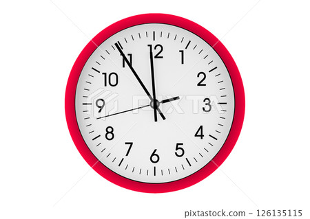 Red watch, wall clock 11 hours 45 minutes on isolated or white background 126135115