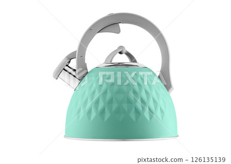 kettle with whistle, matte Blue color, with rhombus texture on isolated and white background kettle with whistle, matte Blue color, with rhombus texture on isolated and white background 126135139