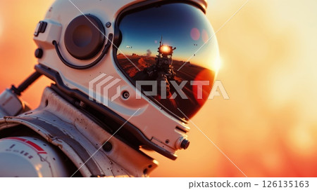 Astronaut's helmet reflecting Mars rover at sunset exploration 126135163