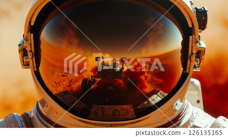 Astronaut's helmet reflects Mars rover, symbolizing exploration and progress Astronaut's helmet reflects Mars rover, symbolizing exploration and progress 126135165
