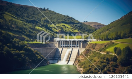 An artistic capture of water droplets splashing against turbines, signifying the energy and vitality of hydro power as a renewable energy marvel. 126135441