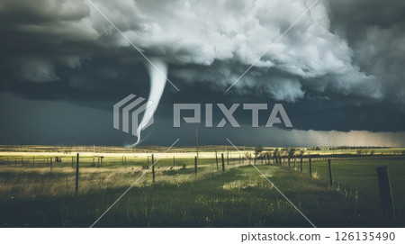 A huge tornado over an agricultural field. Disaster and threat of crop loss. Global climate change. Nature's fury wreaks havoc on fertile fields. 126135490