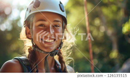 portrait of a beautiful smiling young woman in climbing gear, white helmet, summer hiking, outdoor activities, bungee jumping in the jungle 126135515