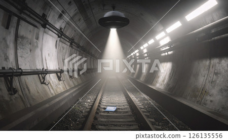 Alien ship floating above a subway tunnel. World UFO Day concept. Generated Image 126135556