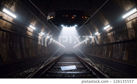 Alien ship floating above a subway tunnel. World UFO Day concept. Generated Image 126135557