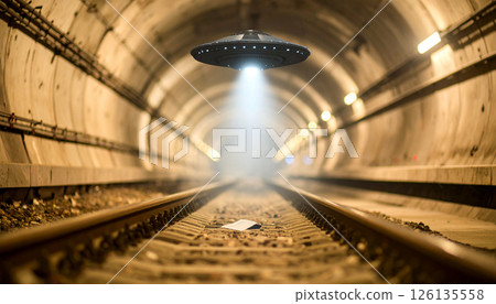 Alien ship floating above a subway tunnel. World UFO Day concept. Generated Image 126135558