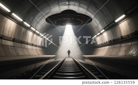 Alien ship floating above a subway tunnel. World UFO Day concept. Generated Image Alien ship floating above a subway tunnel. World UFO Day concept. Generated Image 126135559