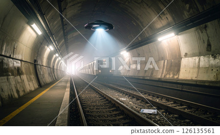 Alien ship floating above a subway tunnel. World UFO Day concept. Generated Image 126135561