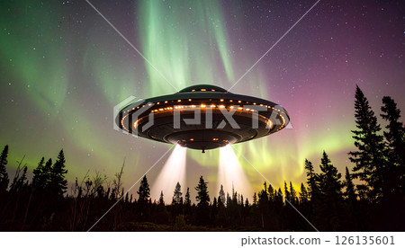 Northern lights with a classic UFO silhouette. World UFO Day concept. Generated Image 126135601