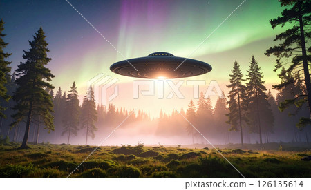 Northern lights with a classic UFO silhouette. World UFO Day concept. Generated Image 126135614