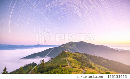 star trails forming a UFO outline around the North Star .World UFO Day concept. Generated Image 126135633