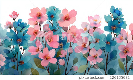 Watercolor illustration of isolated flower bushes. Pink, blue flowers, green leaves. Blooming summer garden, elegant floral design with delicate petals. Ideal for wedding decor, greeting cards 126135681